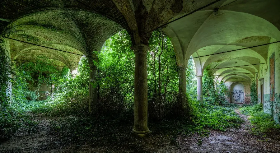 Interesting and spectacular image of a strange abandoned house and tunnel