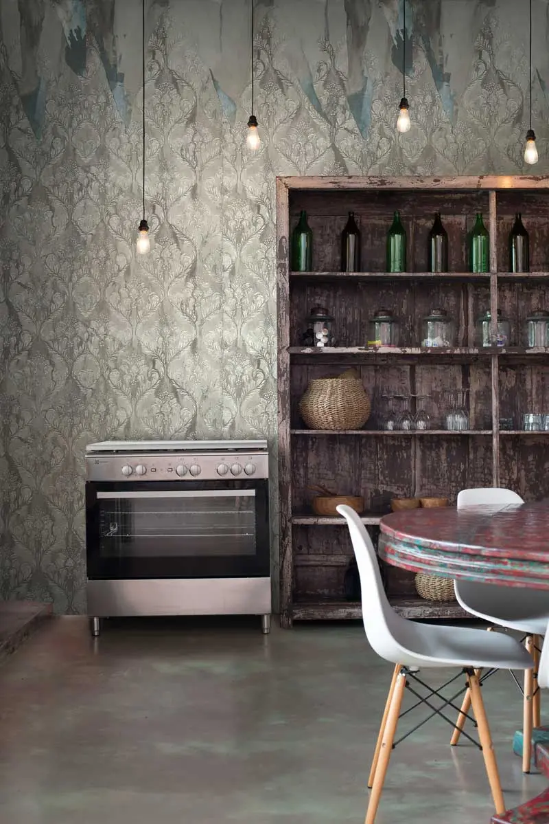 Attractive and luxurious wallpaper of a stylish kitchen with a beautiful wooden coffee bar 