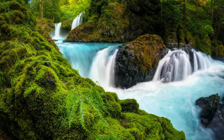 Dreamy Landscape Background with Turquoise Waterfall