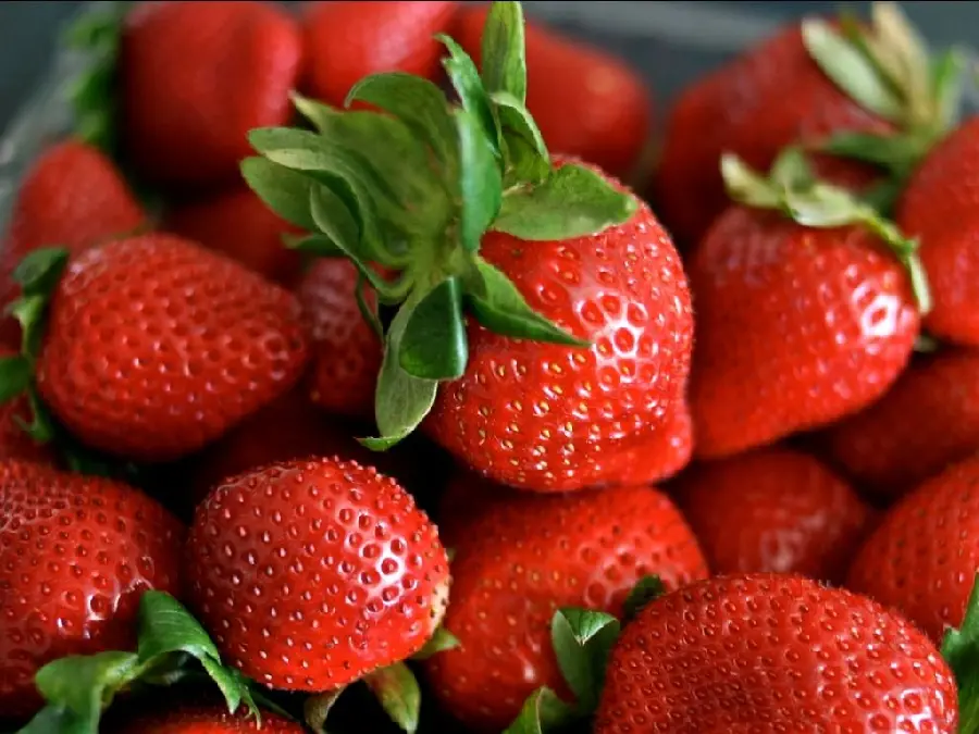 Unique background of natural strawberries with small leaves