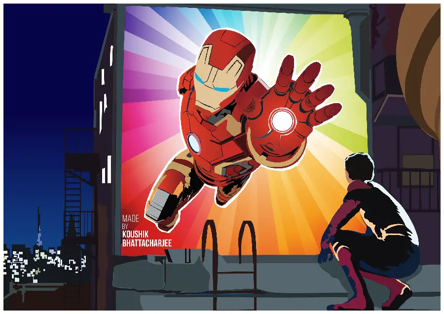 Cartoon image of Iron Man poster next to Spider-Man
