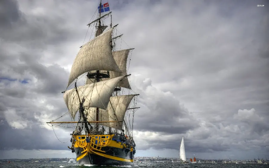 Beautiful sailing ship background with a wooden hull in yellow, blue and black