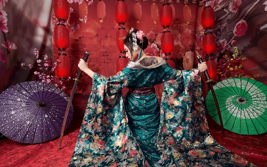 A spectacular poster of a Japanese warrior woman with two swords in her hands
