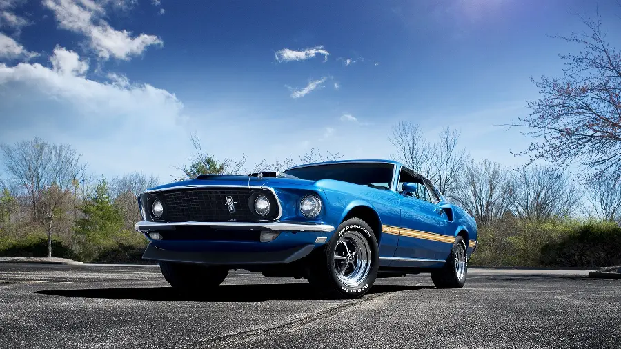 Stylish profile photo of a classic blue car on a forest road