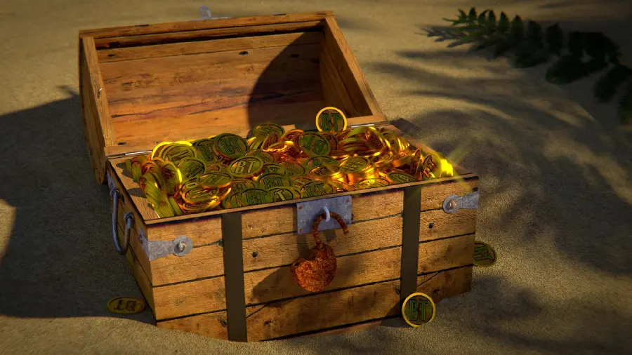 Fantasy image of an underground treasure chest with ancient engraved signs
