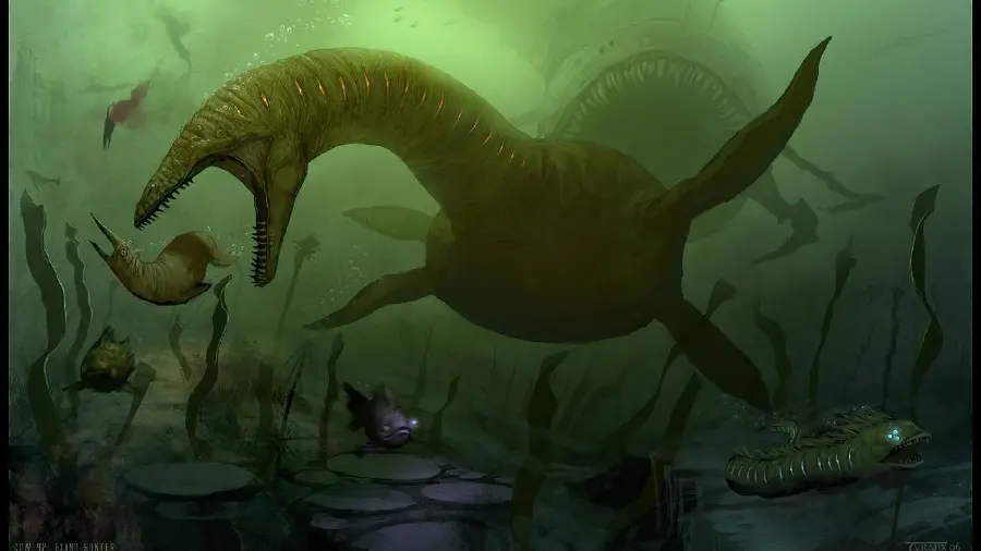 Giant marine dinosaur eating fish in the sea background