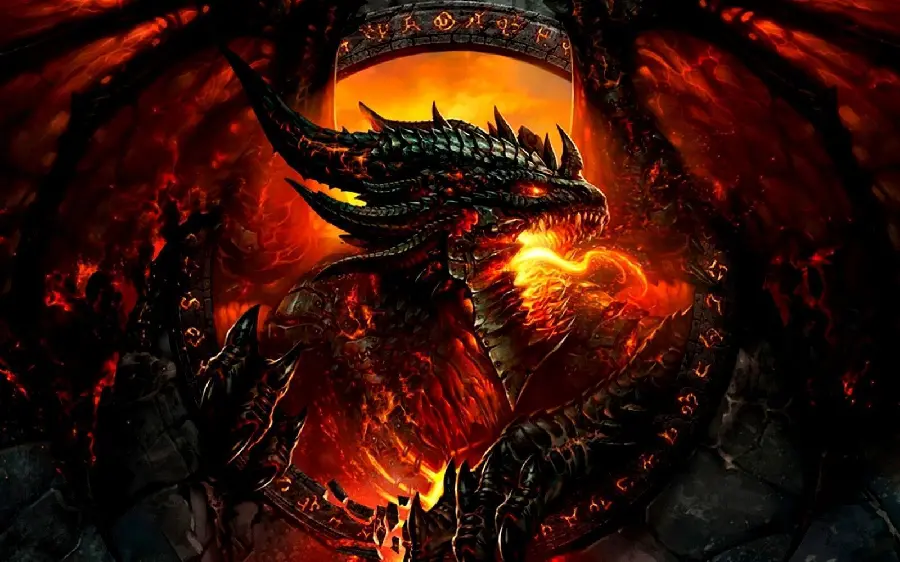 Dangerous and creepy image of a dragon on fire in HD quality 