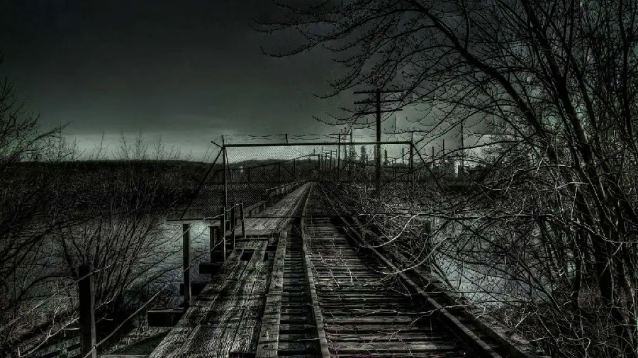 Wallpaper photo of destroyed wooden bridge in dark abandoned area