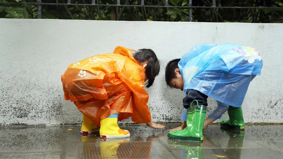 Unique wallpaper of two children under the rain in colorful clothes