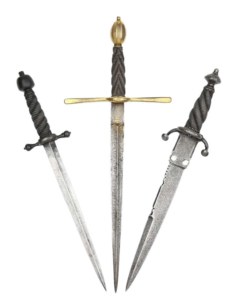 Image of three old swords engraved in silver in png format