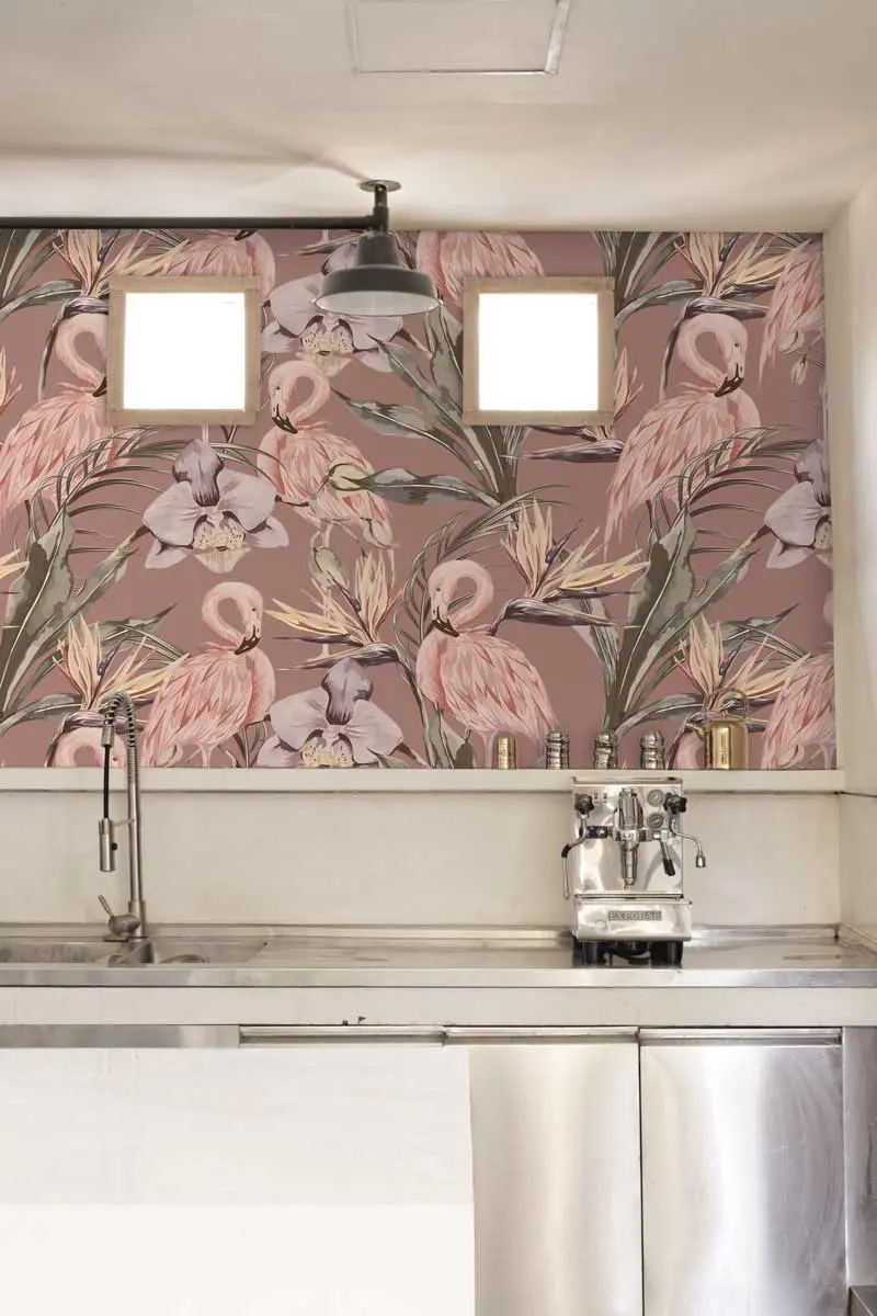 A modern kitchen photo with new decoration and a beautiful pink flower poster