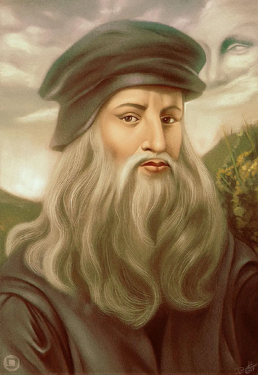 Graphic design of a self-portrait of a man by Leonardo da Vinci