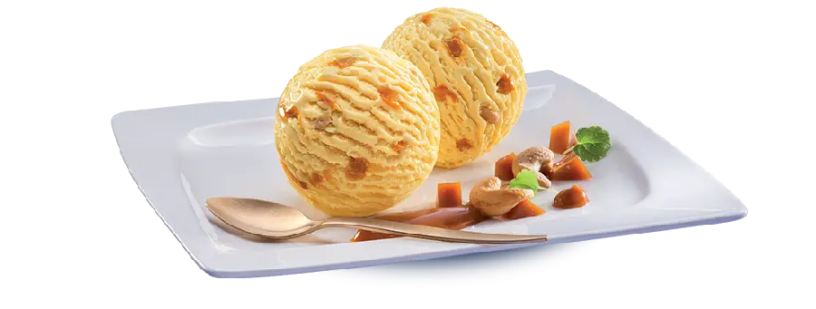 Download PNG Image of Two Caramel Ice Cream Scoops on a Plate 