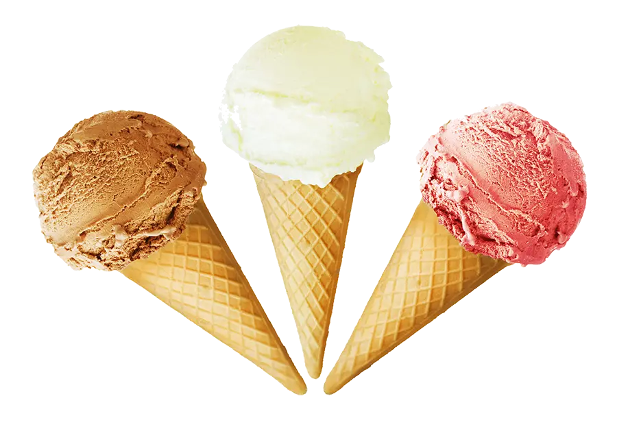 A cropped photo of three cone ice creams with different flavors separated from each other 