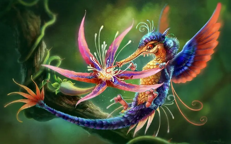 Beautiful fantasy and imaginative painting with a winged seahorse and bird