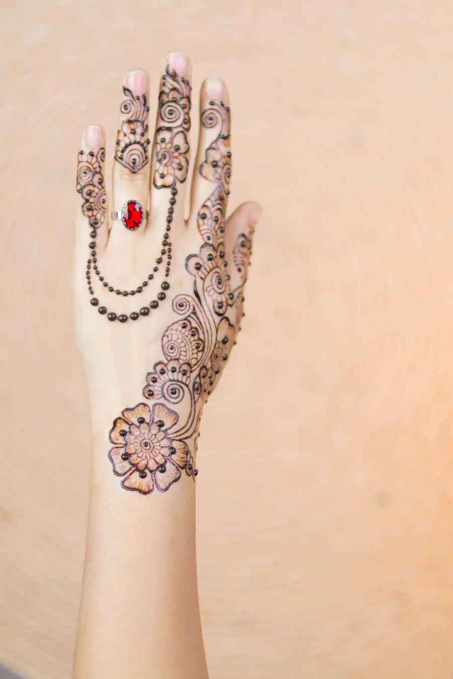 Attractive and trendy minimal model photo of henna on the hand with a special flower decoration for the idea