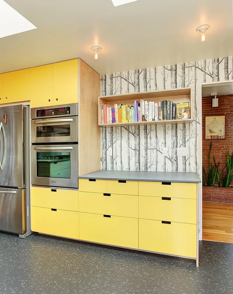  Beautiful photo of a modern and stylish kitchen with yellow cabinets Color 