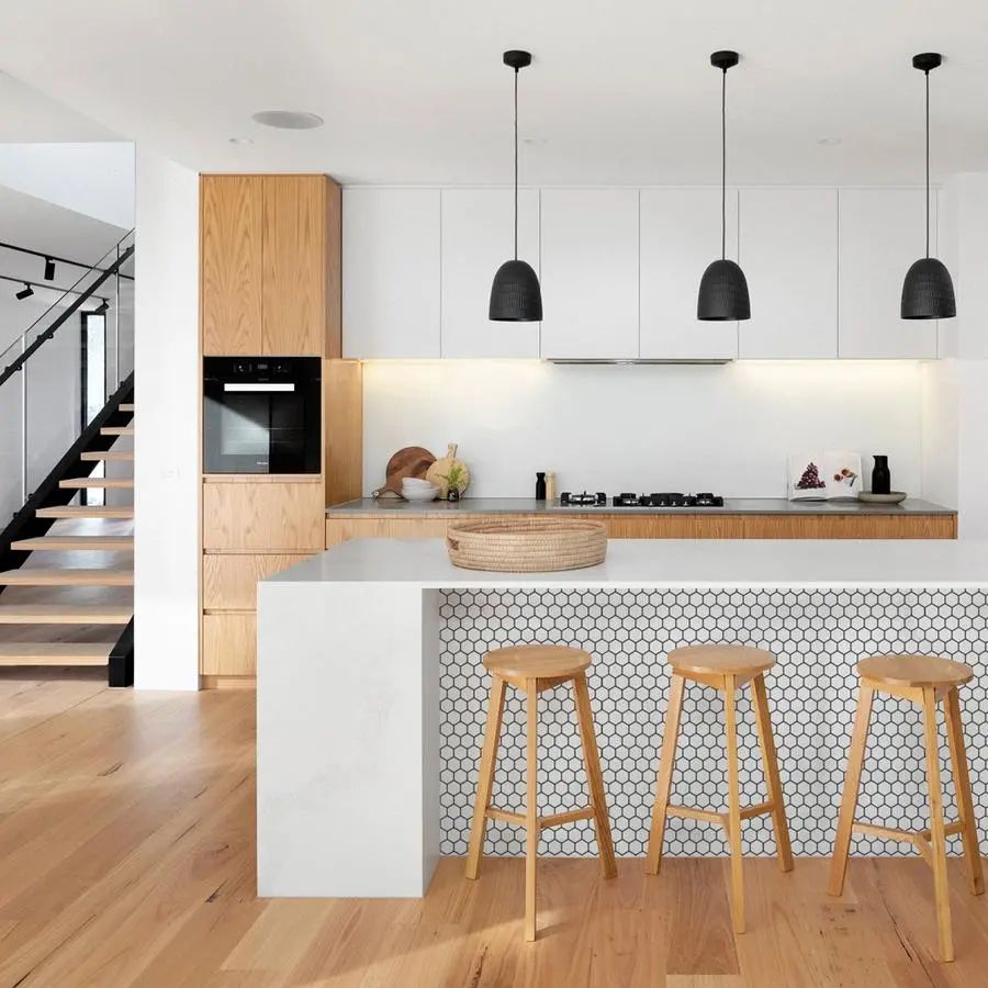 Amazing background of wooden cabinets with white decoration 