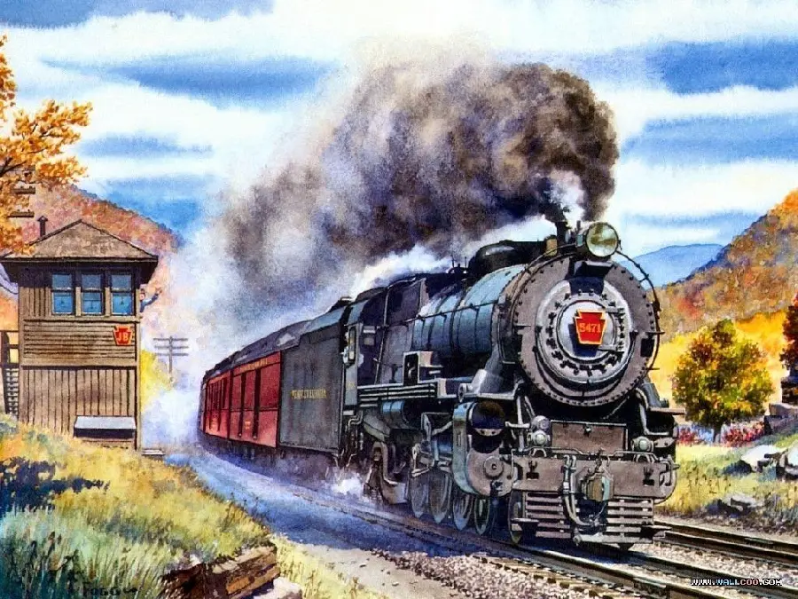 A very beautiful painting of a train locomotive in nature with high quality 4K