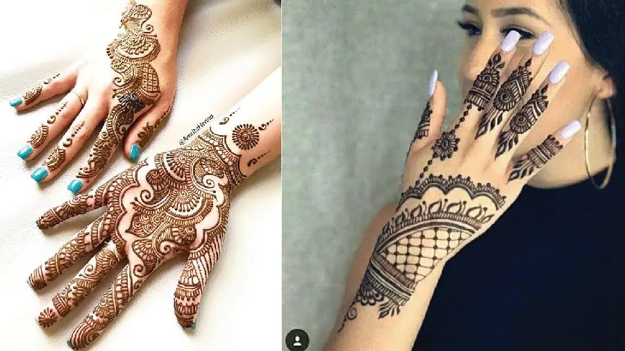 Image of the latest model of henna on the palm and back of the hand with an Indian pattern for a celebration