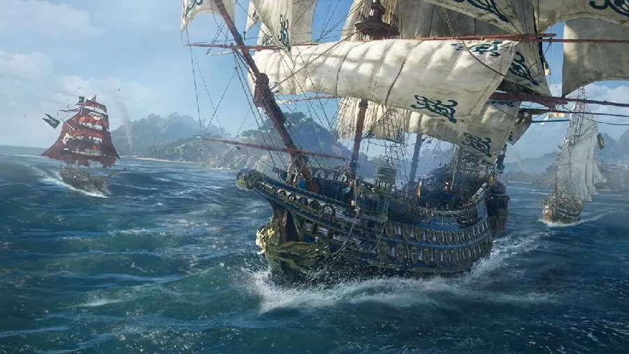 Background Spectacular computer with a painting of a ship with a white sail in the middle of a storm