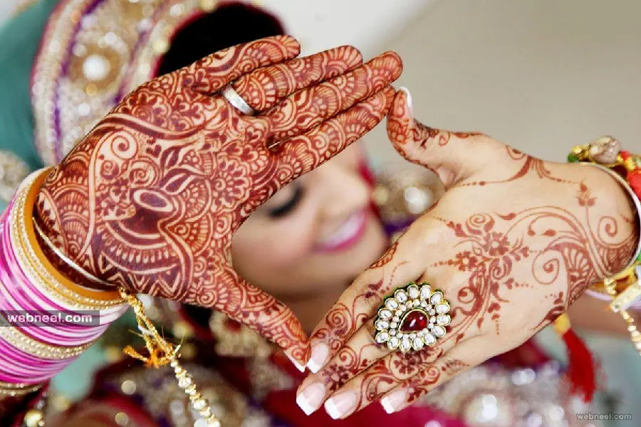 New photo of henna on the hand with a complex Indian pattern for weddings