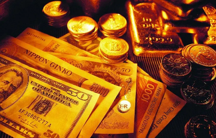 The most mysterious image of a coin next to a dollar and a gold bar for high-quality download