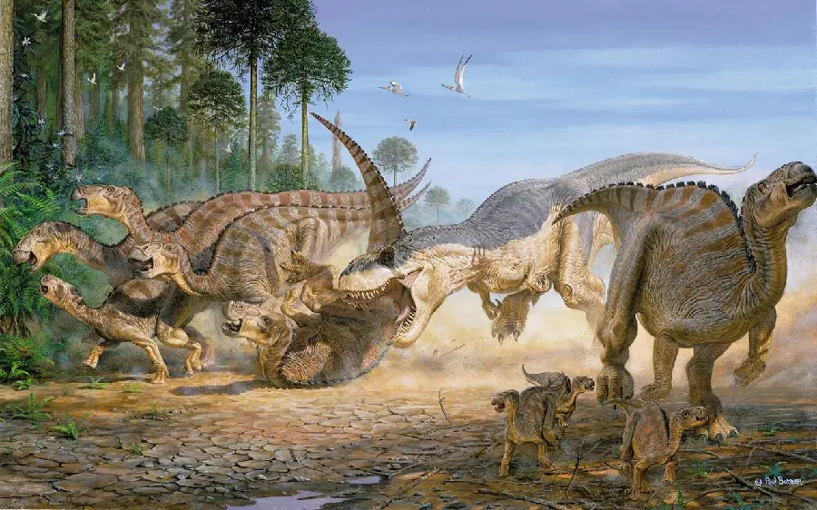 Picture of a scary carnivorous dinosaur attacking herbivorous dinosaurs