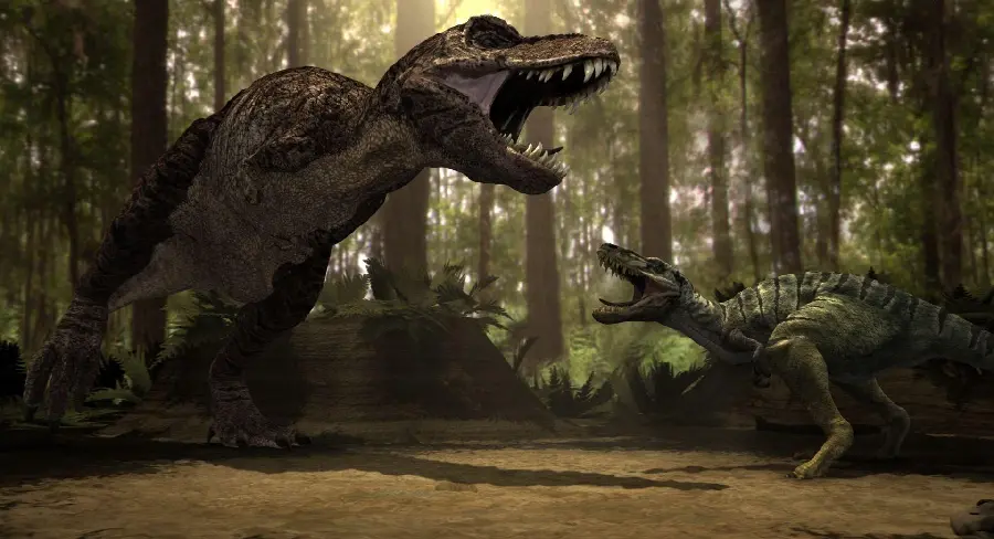A picture of a fight between two dinosaurs, Velociraptor and T. rex, with a scary look