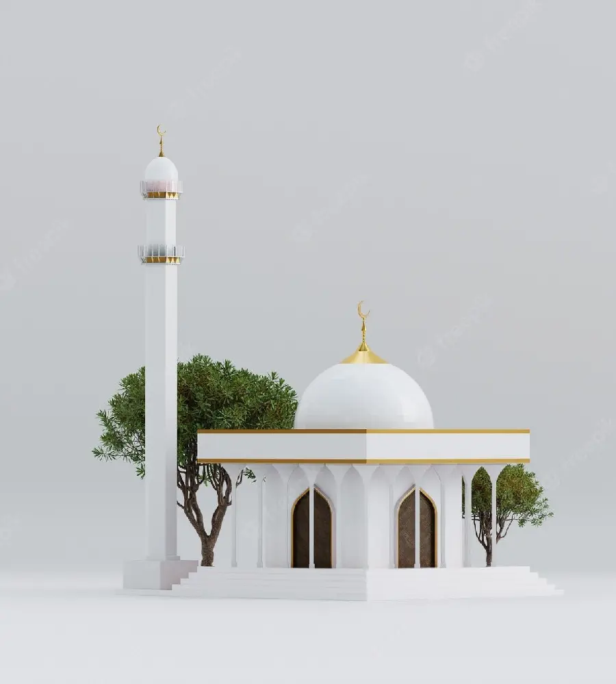 A unique and special photo of a white mosque with a green tree next to it