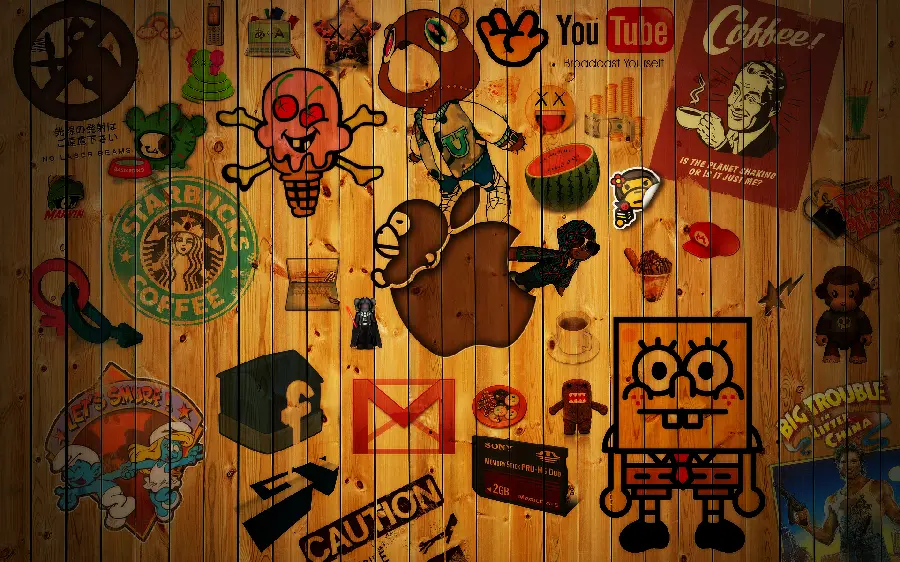 Wooden wall background full of carved paintings