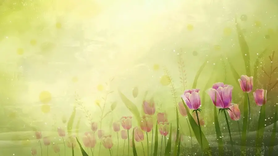 Beautiful background image of digital painting of green fields and pink tulip flowers