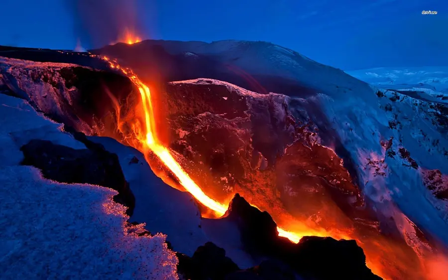 Wallpaper of a waterfall of molten material and ash in real active volcanoes
