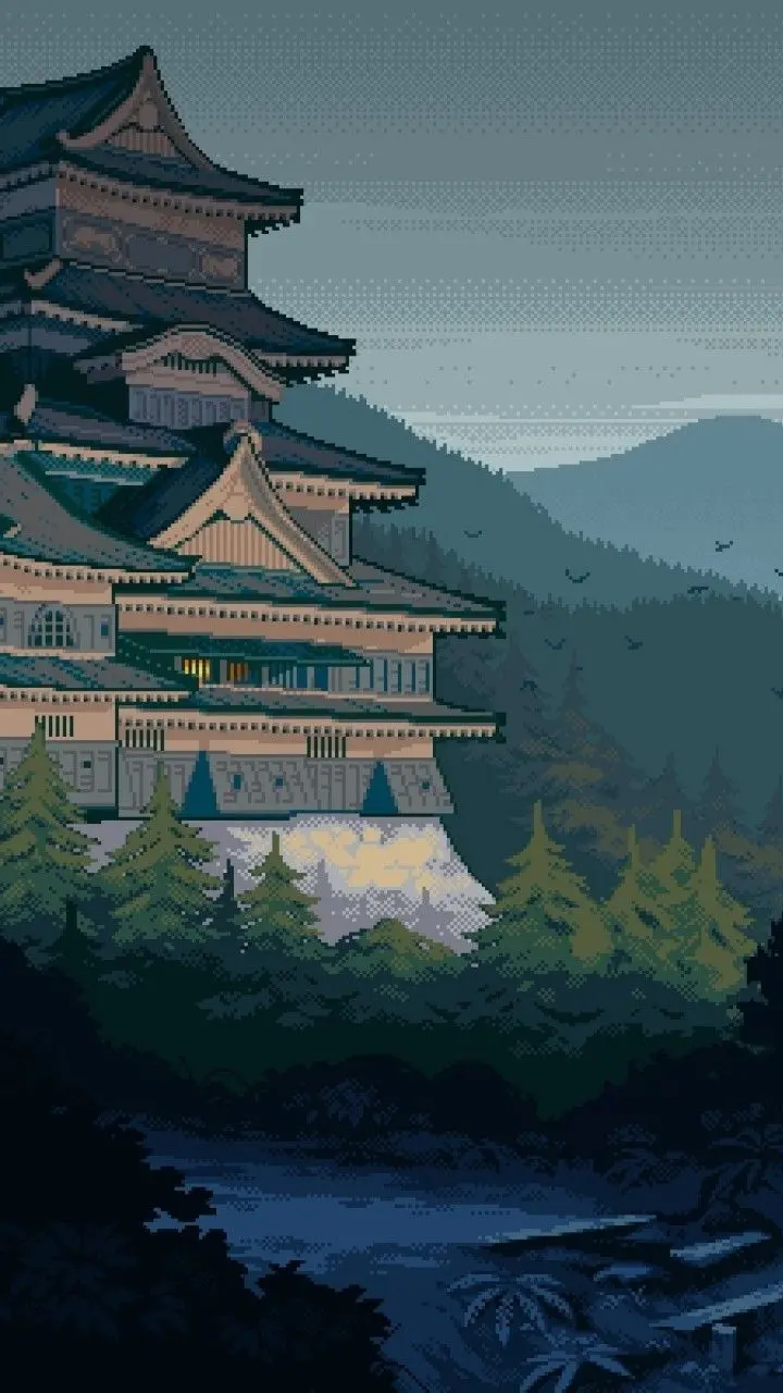 Mobile phone pixel wallpaper with a design of dreamy ancient buildings in China