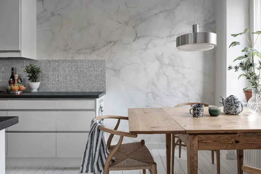 Unique wallpaper of a beautiful kitchen with a table Wooden Dining Room 