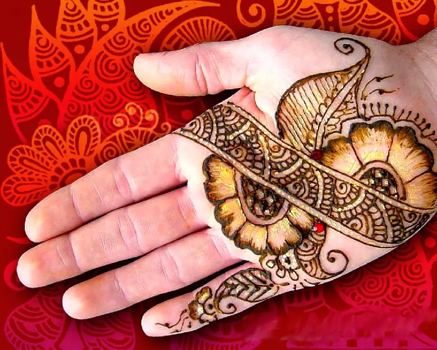 Image of the new graphic model of henna on the palm of the hand with a special and stylish colorful flower pattern