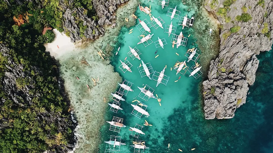 A very spectacular background of a lake full of large and small boats