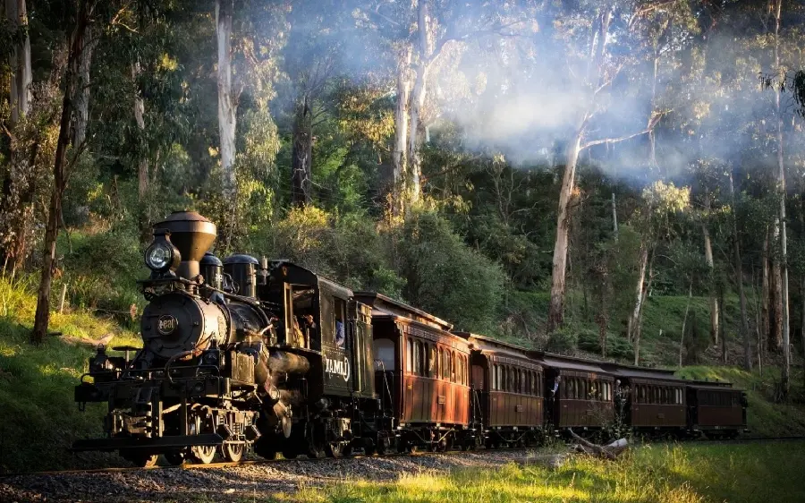 Download Wallpaper of a memorable old locomotive next to green nature