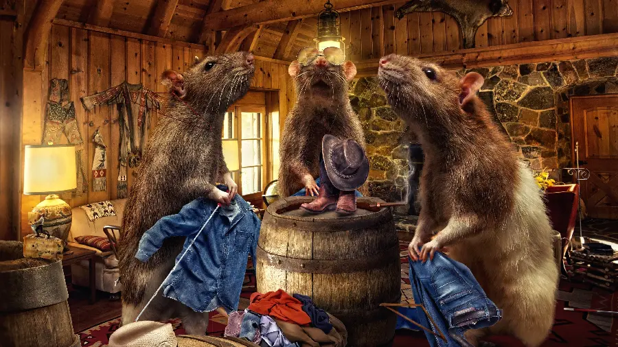 Unique and beautiful photo of three mice in a small house