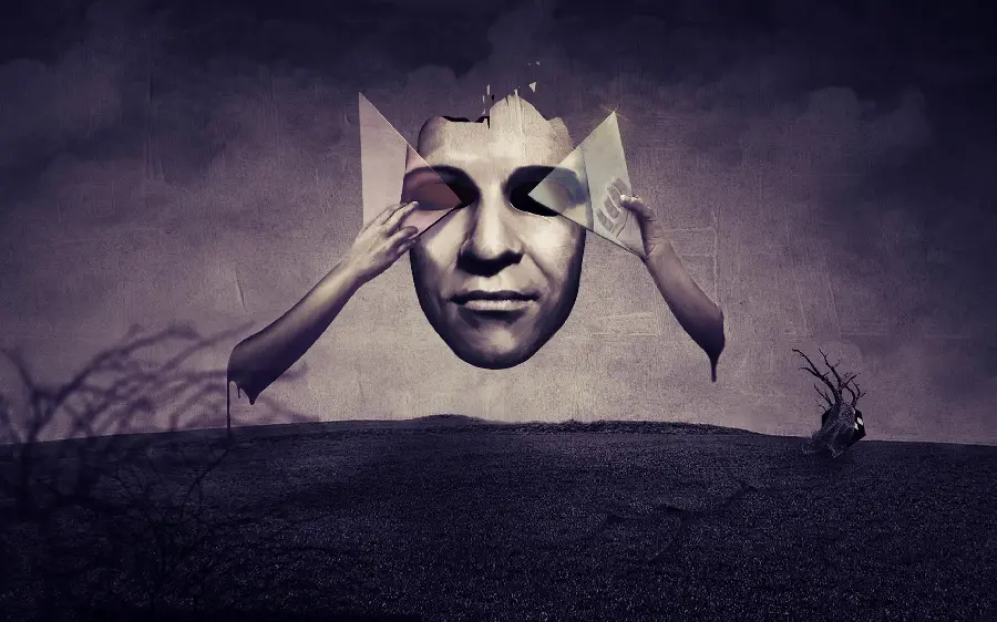 Strange painting of a face mask and human hands, abstract surreal