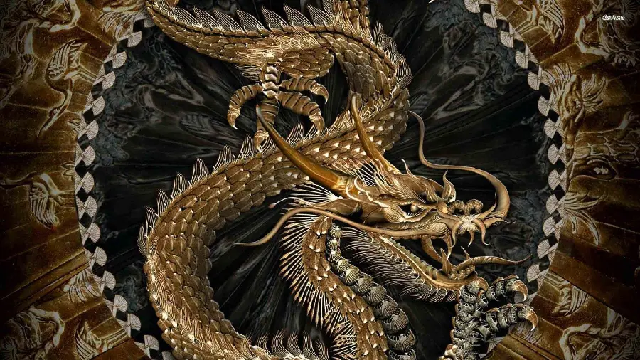 Attractive computer wallpaper with a golden Japanese dragon design