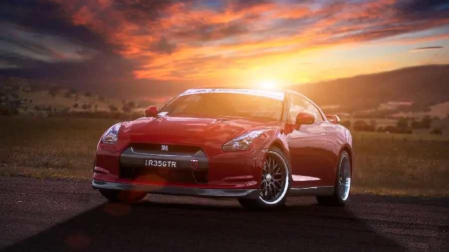 Amazing and interesting background of a red foreign car in Road 