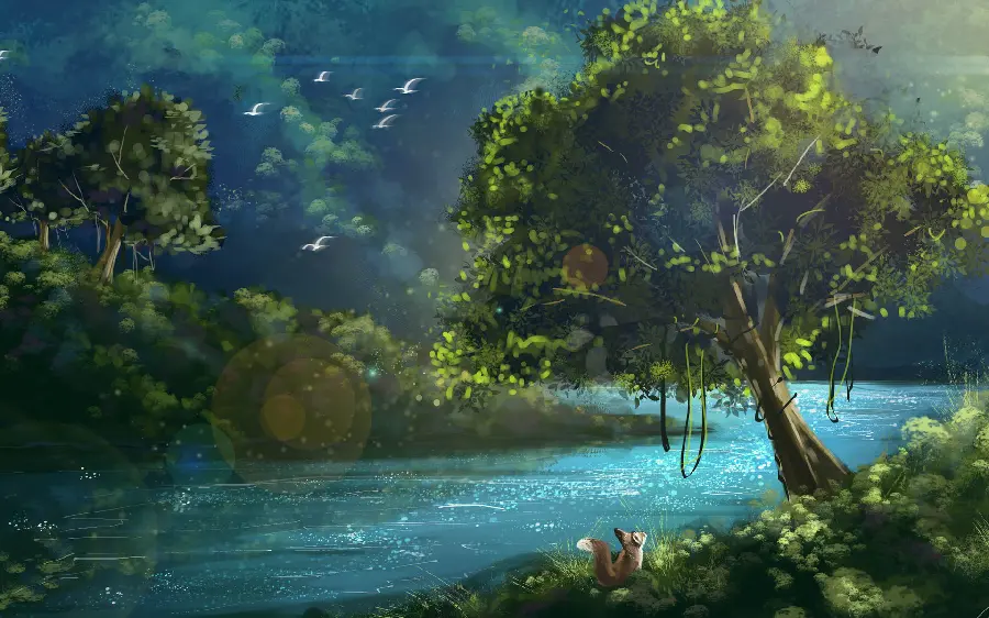Cartoon and fantasy graphic photo of a pond and a tree for drawing arts