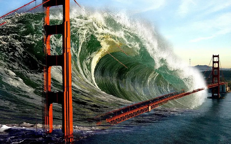 Stock photo of a scary and creepy scene of the moment a tsunami hits a bridge
