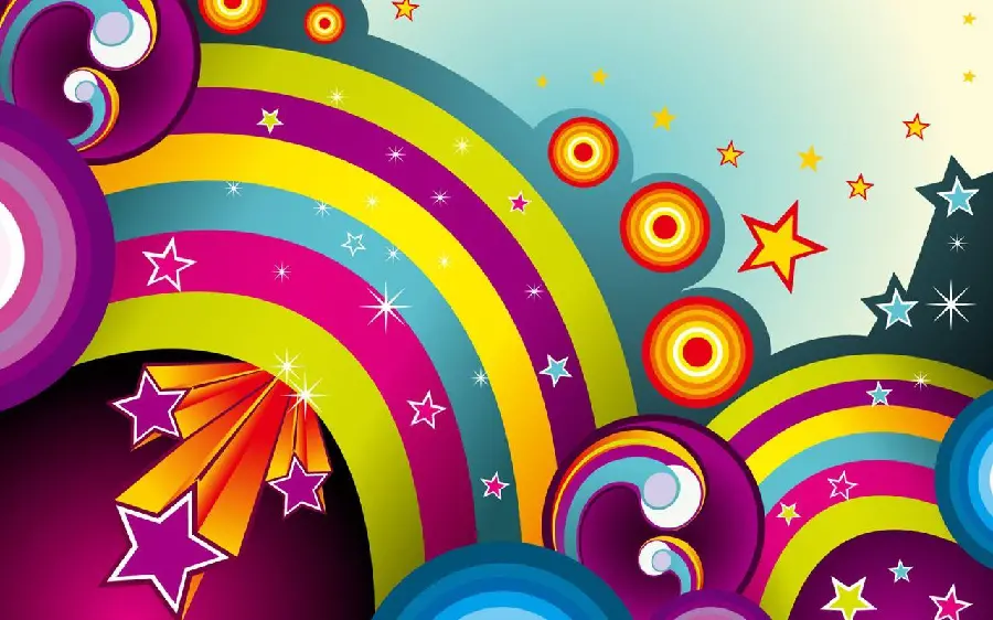 Rainbow image with colorful shapes with subjects taken from comic books in pop art