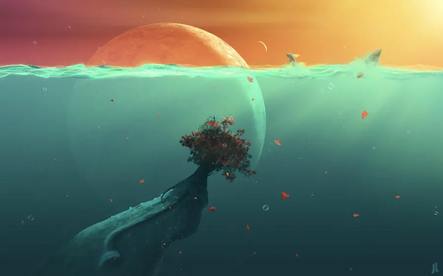 Incredibly beautiful wallpaper of a minimal painting of a whale and sunset 