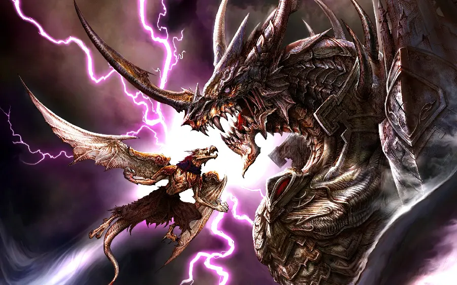 Photo of two dragons fighting in the sky with spectacular lightning 