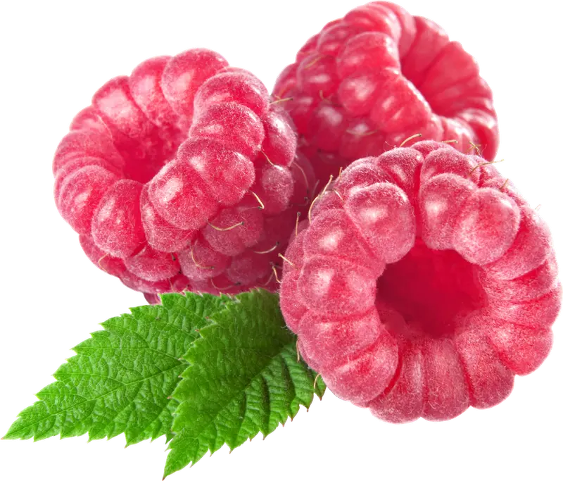 PNG photo of red raspberries, cut out, without background 