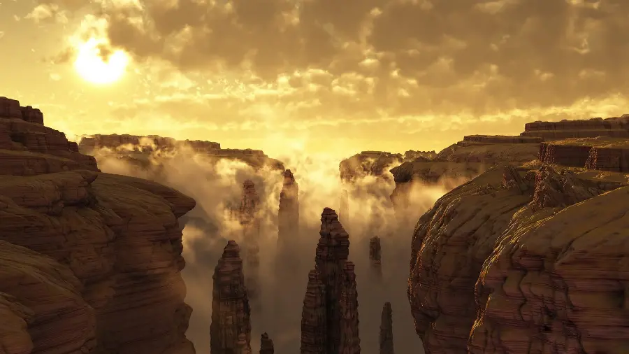 Amazing waterfall among jagged rocks with a captivating sunrise