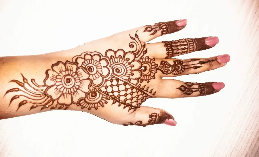 Attractive henna model on the hand with a floral wicker combination pattern for ideas
